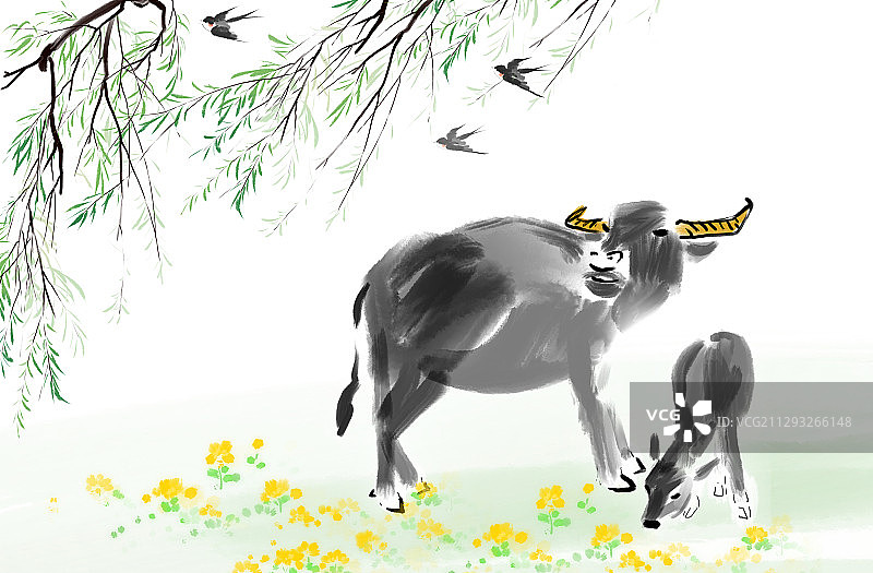 中国风牛年插画台历三月燕子母牛和小牛图片素材