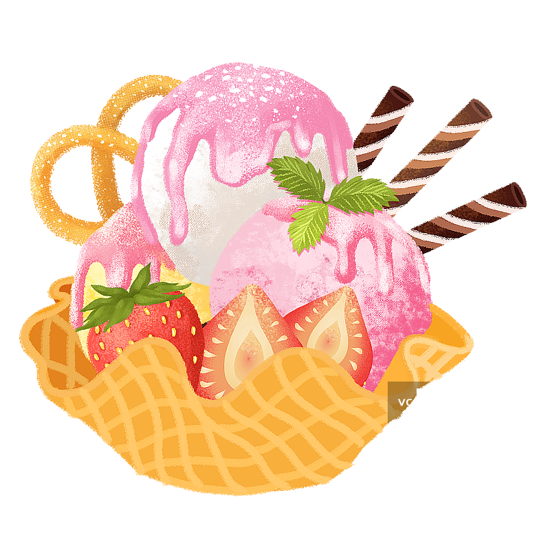 卡通花式华夫饼草莓冰淇淋图片素材