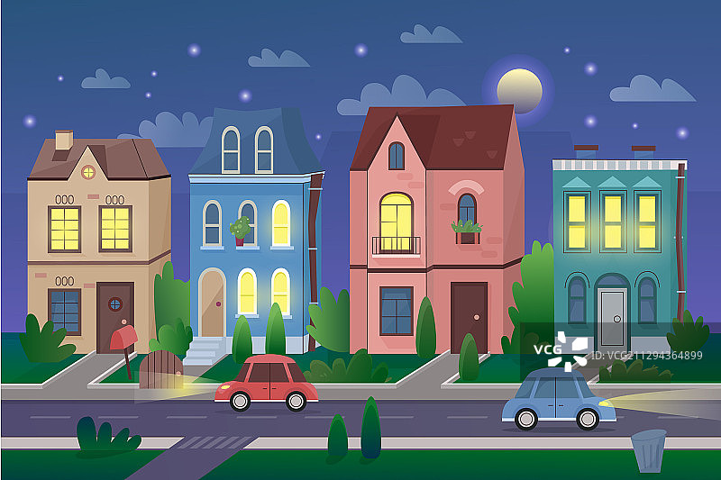 清晰温暖的夜晚城市景观从街道卡通图片素材