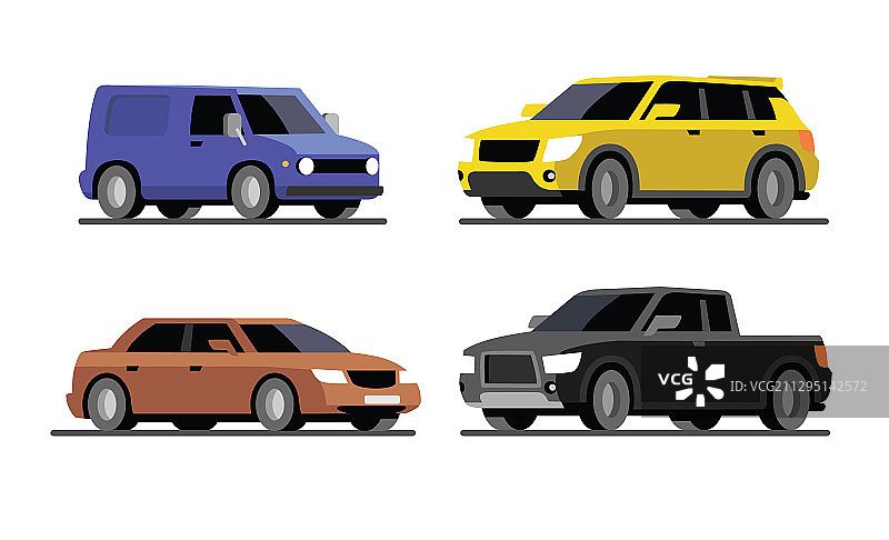 四种不同的轿车，货车，皮卡，轿车，越野车图片素材