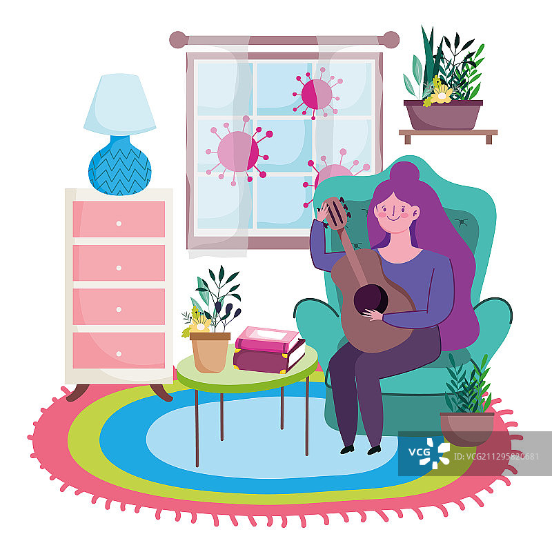 呆在家里的年轻女子与吉他在卡通图片素材