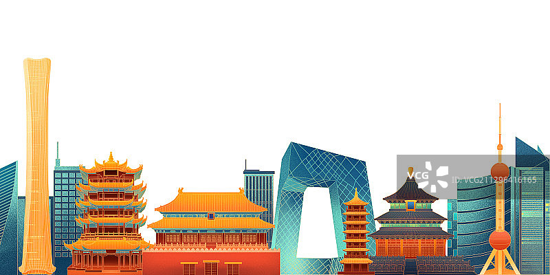 中国古今著名地标建筑手绘插画图片素材