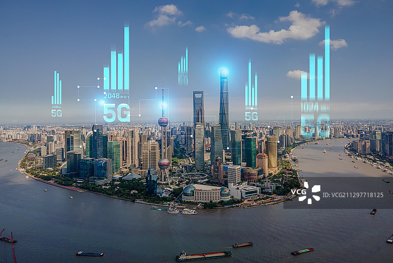 白昼航拍上海陆家嘴城市天际线建筑5G互联网无线科技数据云计算图片素材
