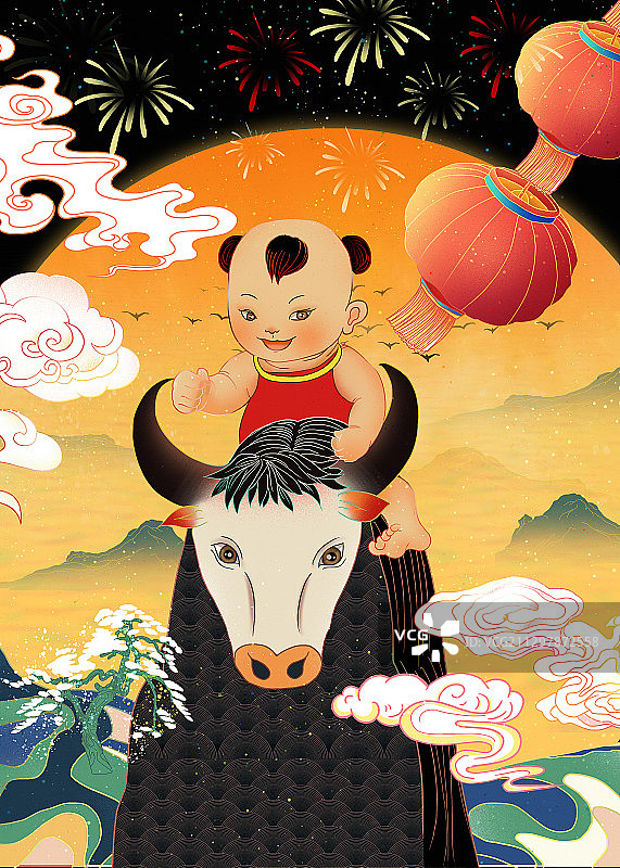 2021牛年年俗中秋春节 骑在牛背上的娃娃图片素材
