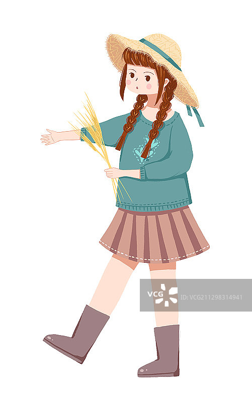 一个拿着麦穗戴着帽子的可爱女孩 手绘插画图片素材