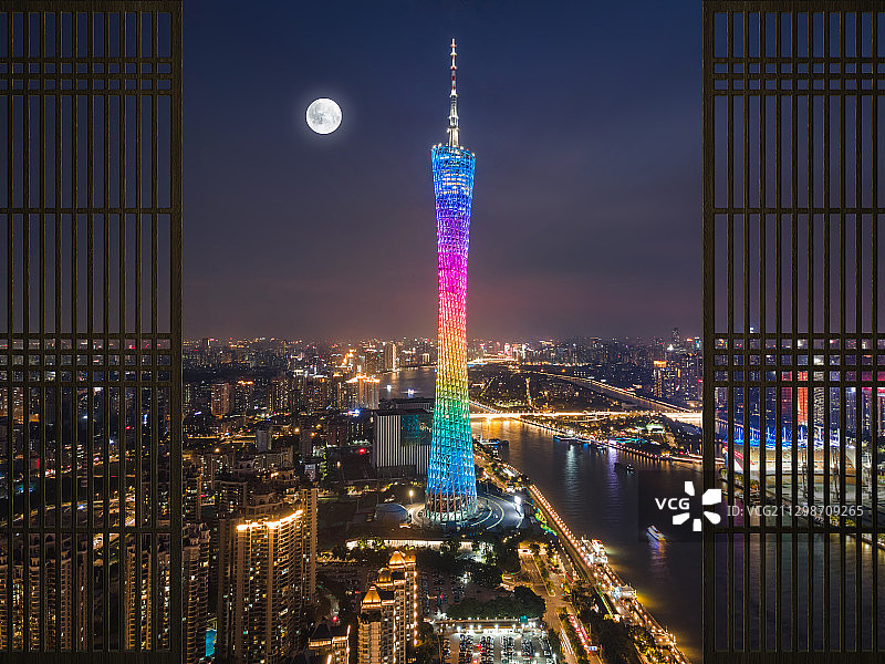 夜景航拍广州城市天际线都市风光建筑节日中秋月亮风景旅游目的地图片素材