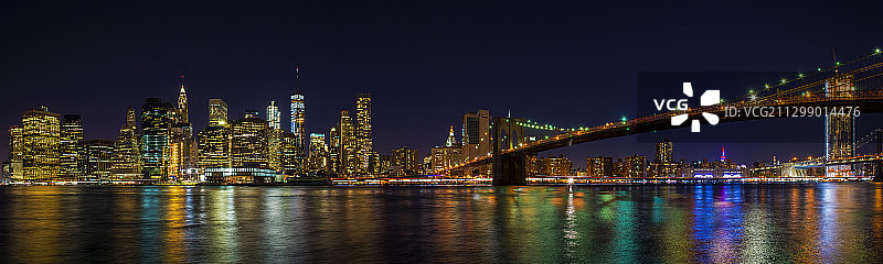 低角度的观点，照明桥上的河在晚上图片素材