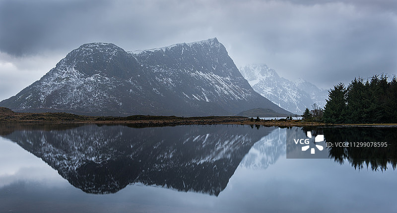 湖和白雪皑皑的山峰，斯沃勒，挪威图片素材