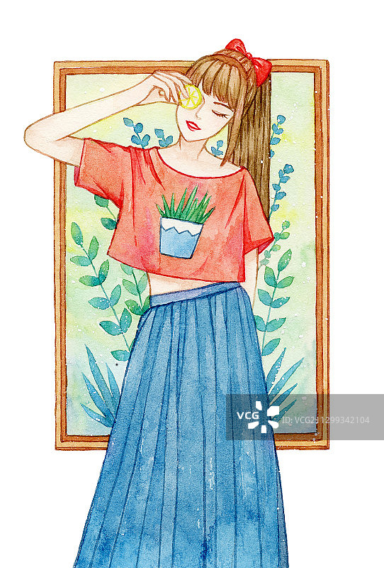 一个站在画框前的文艺少女 水彩手绘插画图片素材