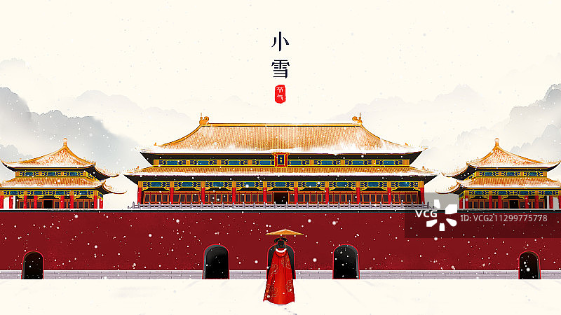唯美故宫雪景中国风手绘水墨画图片素材