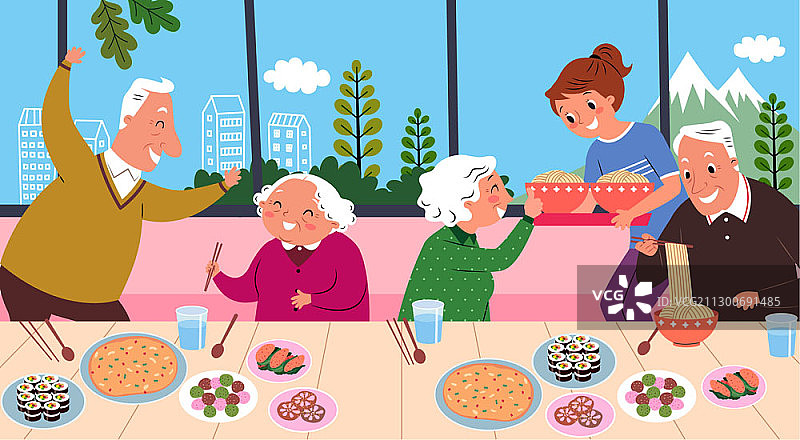 矢量插图老年人吃食物和妇女服务面条图片素材