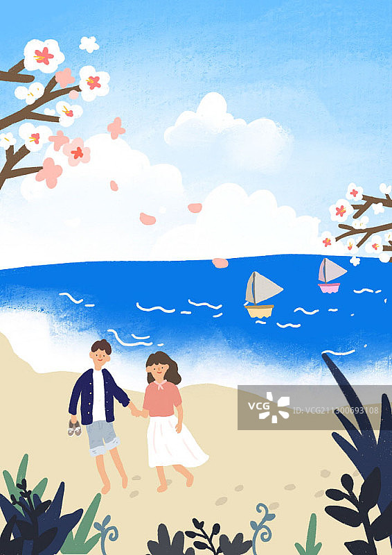 一对情侣在海滩上散步的插图图片素材