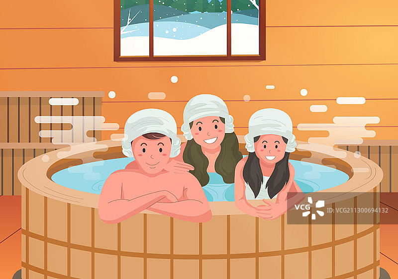 家人在家庭浴中享受热水浴图片素材