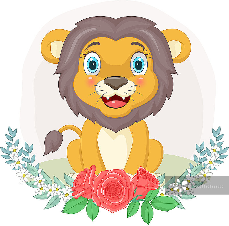 卡通可爱的狮子坐在花的背景图片素材
