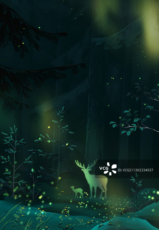 唯美童话插图夜晚森林里的精灵图片素材