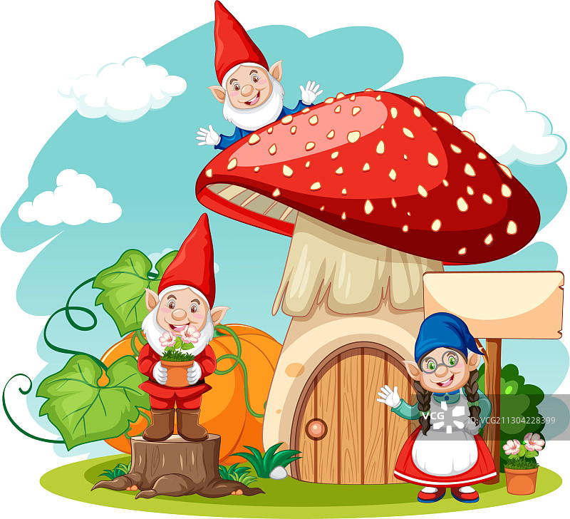 侏儒和蘑菇屋卡通风格的白色图片素材