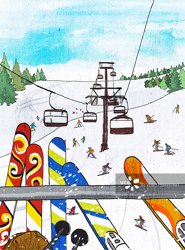 滑雪缆车上的景色图片素材