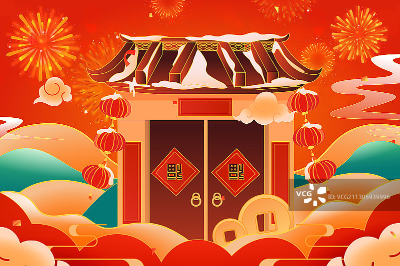 卡通2021年牛年新年春节喜庆元旦年货节送礼中国风矢量插画图片素材