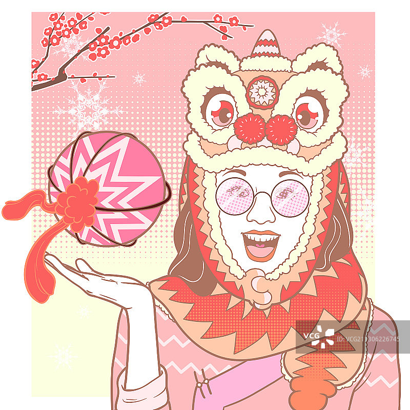 方粉红少女系年俗画-舞狮子图片素材