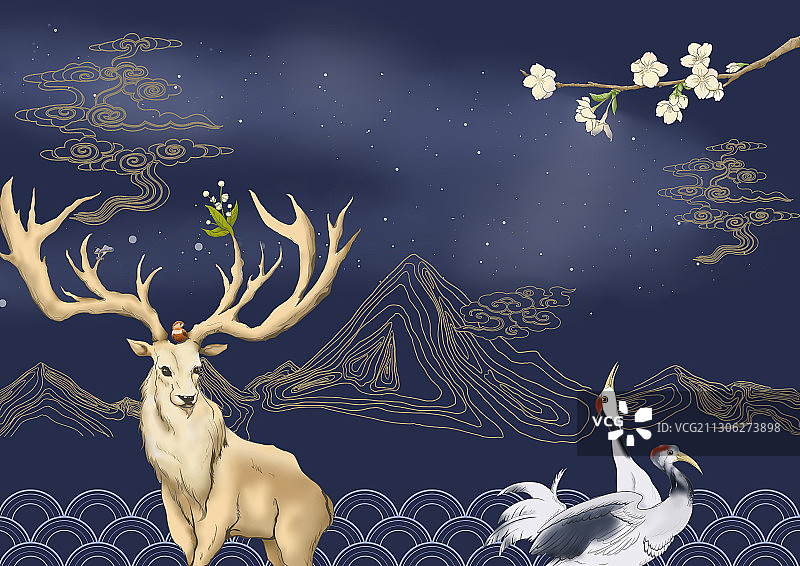 中国风麋鹿仙鹤深蓝色古典描线背景装饰插画图片素材