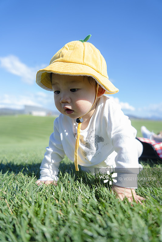 戴黄帽的婴儿在山坡草坪上学习爬行图片素材
