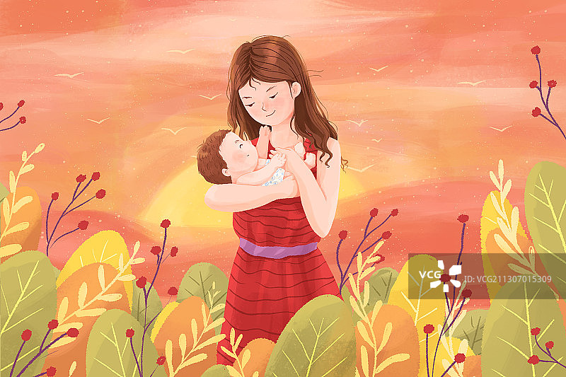 怀抱婴儿的妈妈唯美母婴母亲节插画红色图片素材