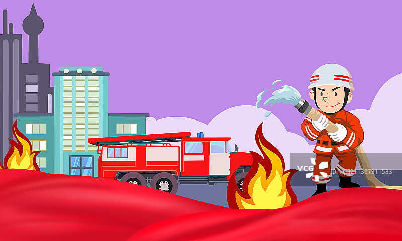 扁平城市消防员灭火场景插画图片素材