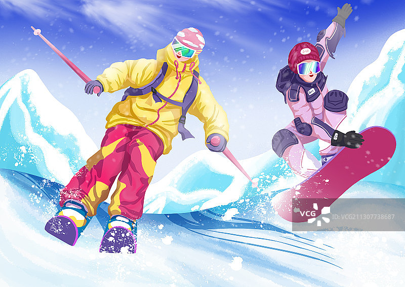 小清新雪山滑雪场两个人滑雪场景插画图片素材