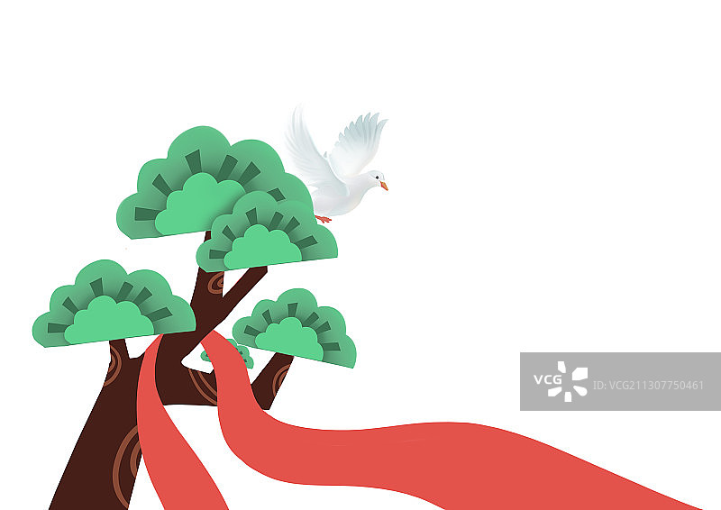 中国风植物松树飘带白鸽插画图片素材