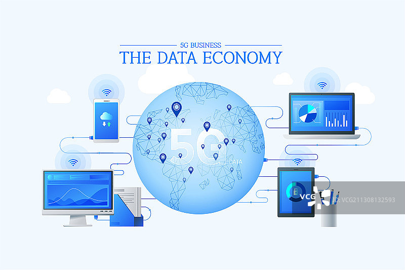 5G主题矢量背景与电子设备连接到数据经济图片素材