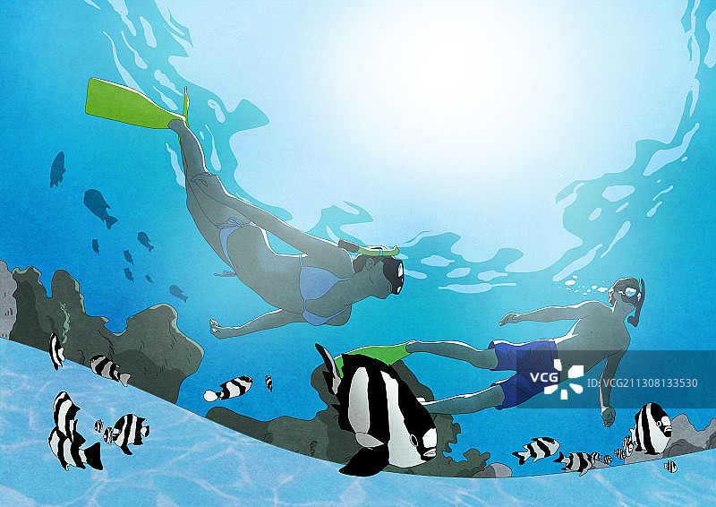 暑期主题插图夫妇做水肺潜水在海洋与鱼图片素材