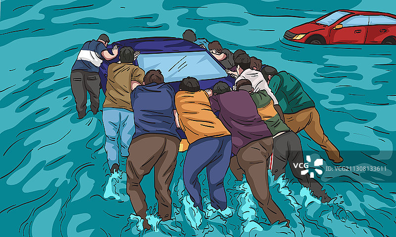 雨季主题矢量插图与一群人推着车一起沉入水中图片素材