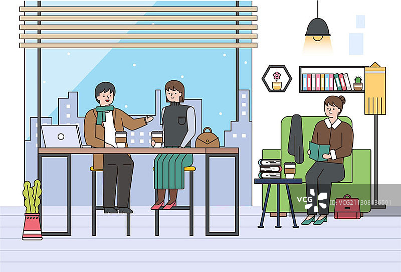 咖啡馆主题矢量插图两人聊天和女人看书喝咖啡图片素材