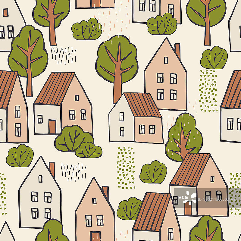 手绘可爱的房子和树木的无缝图案图片素材