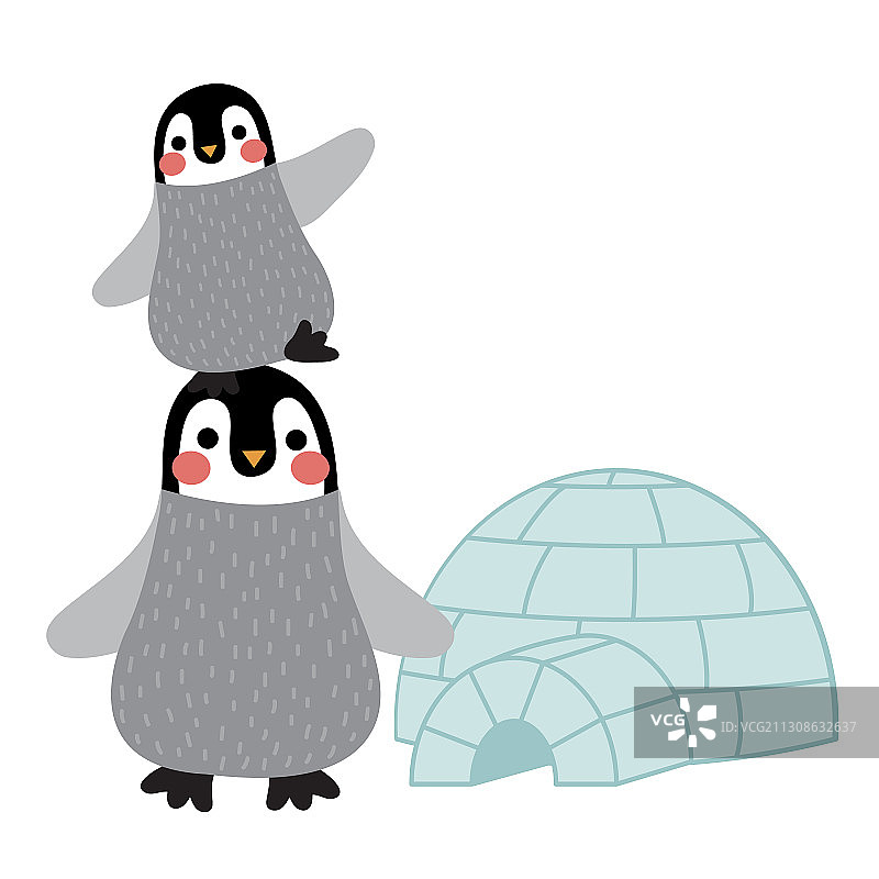有趣的企鹅和冰屋动物卡通人物图片素材