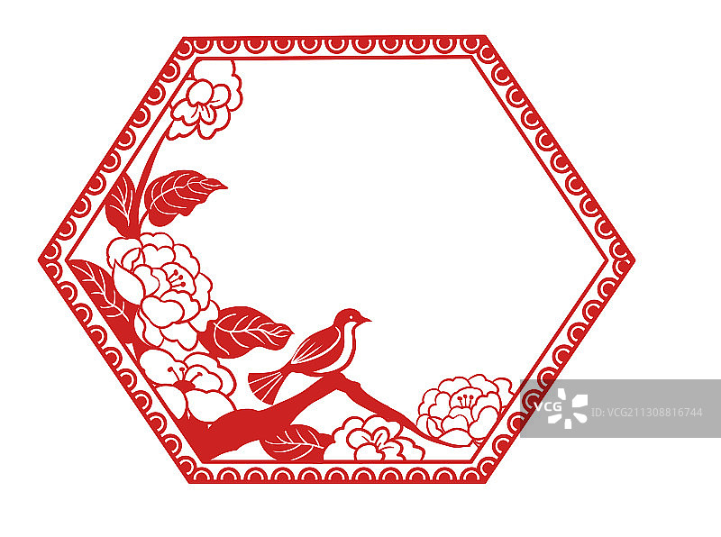红色剪纸风六边形花鸟剪纸图案设计插画图片素材