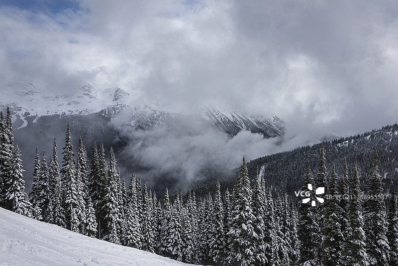 白雪覆盖的山脉对天空的风景，惠斯勒，不列颠哥伦比亚，加拿大图片素材