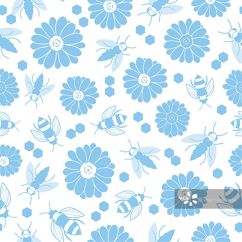 蓝色花朵和蜜蜂无缝背景图片素材