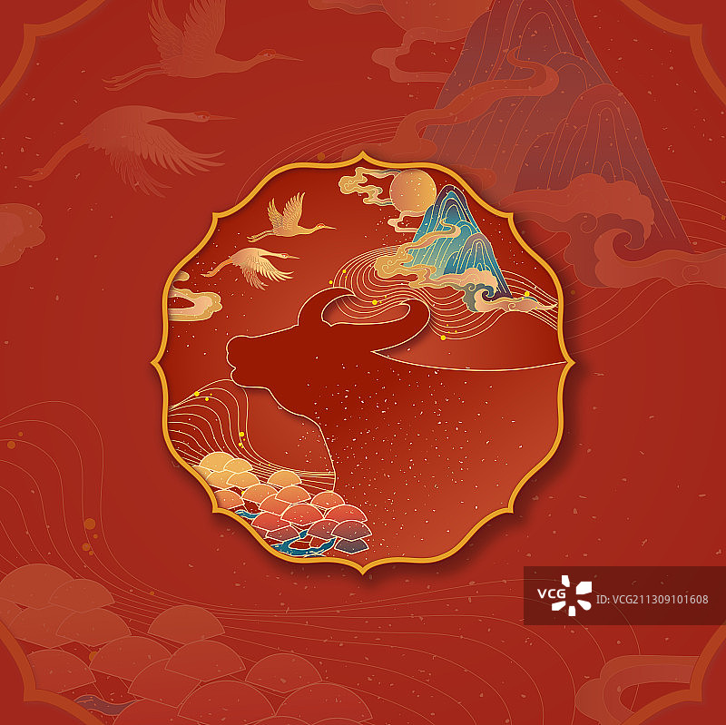 中国风红色牛年山水插画装饰图案图片素材