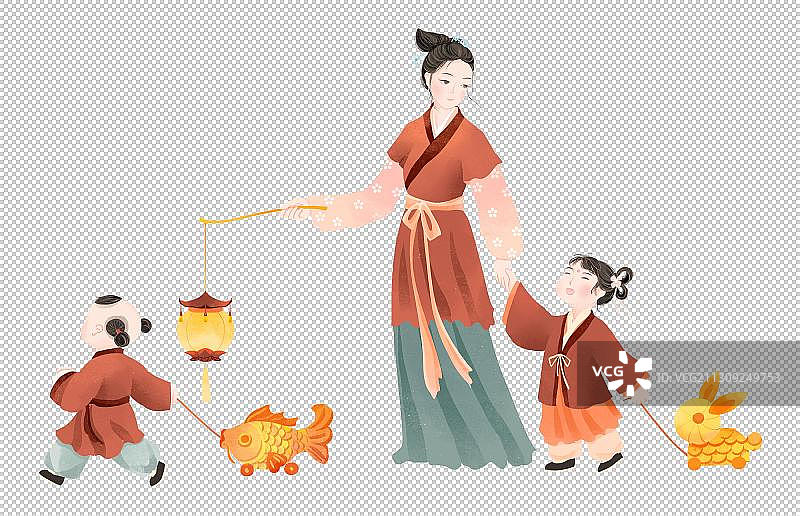 元宵节拎着花灯的少女鹤儿童古代插画图片素材