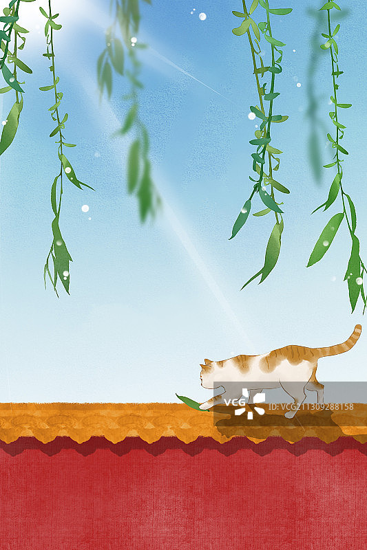 夏天故宫和猫插画图片素材