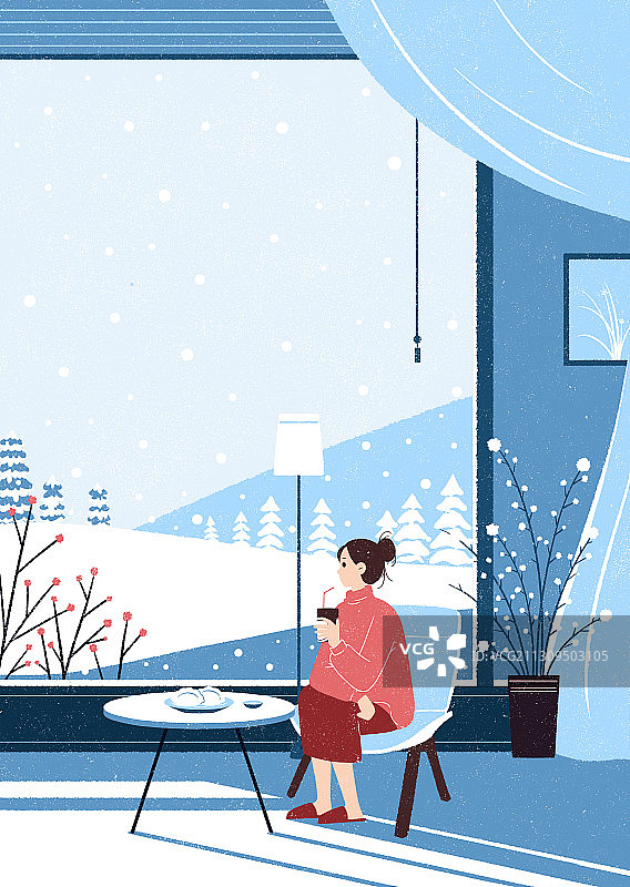 清新文艺风节气插画女孩在室内看窗外的雪图片素材