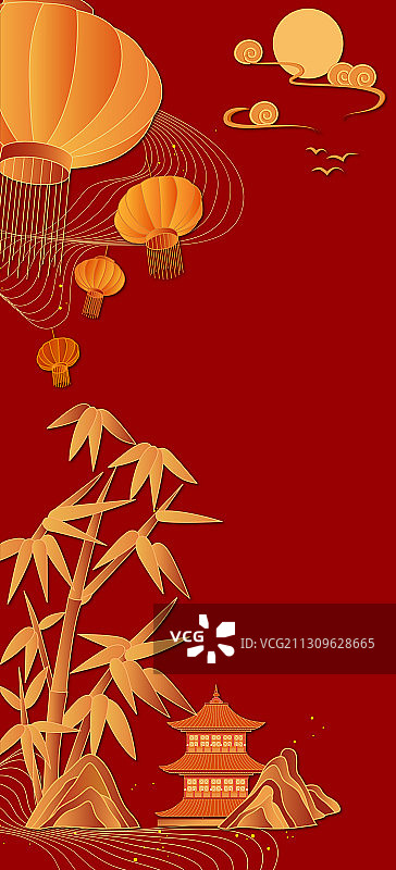 中国风山水红色背景图案图片素材