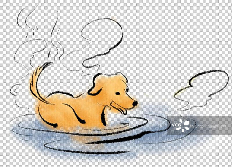 中式毛笔画狗洗澡元素图片素材