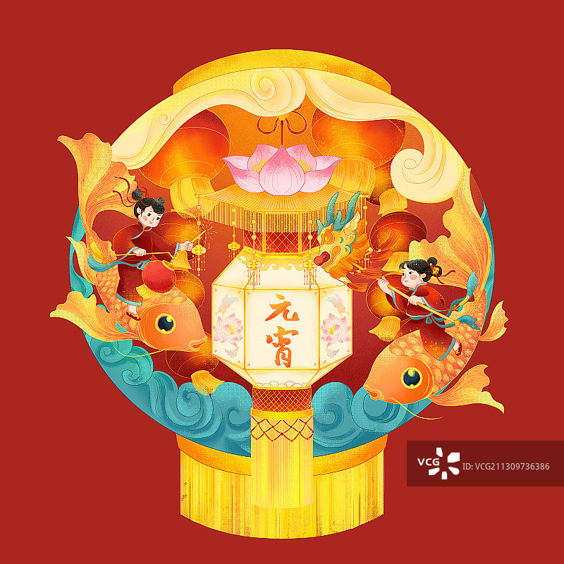 元宵节赏花灯骑着鲤鱼的男孩女孩中国风插画图片素材
