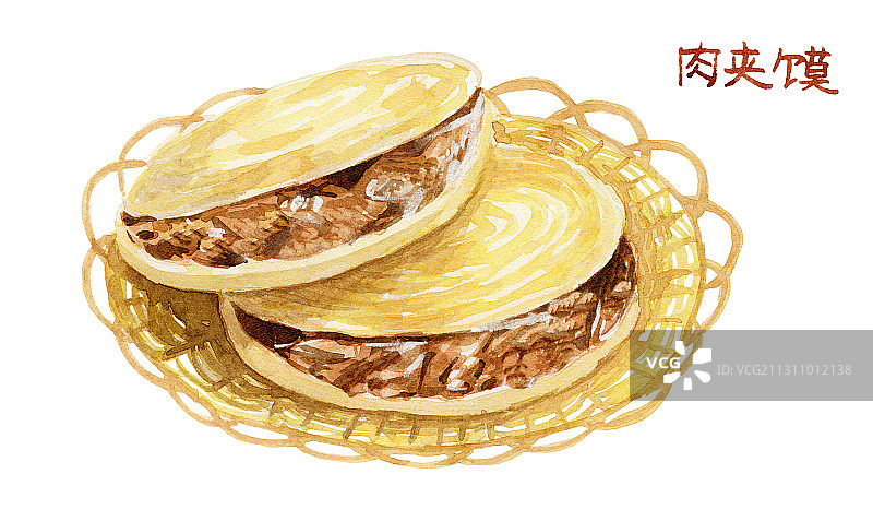 陕西特色美食肉夹馍 水彩手绘插画图片素材