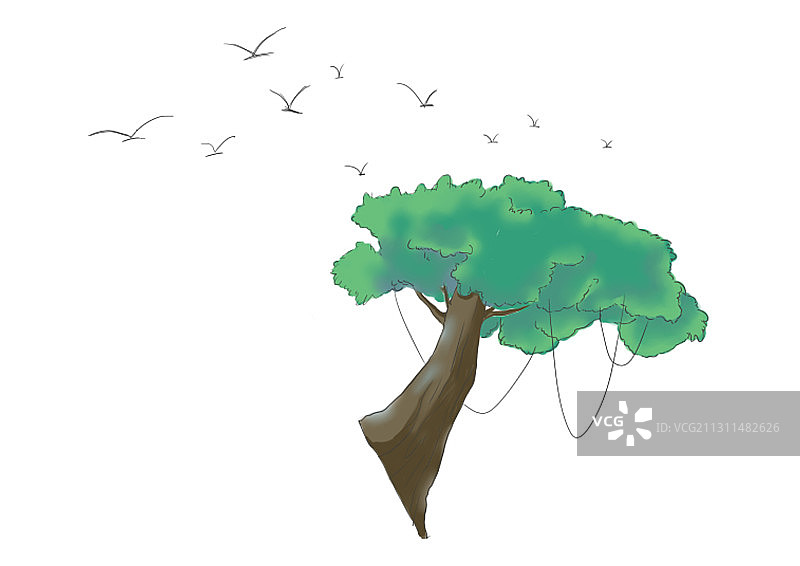 手绘卡通中国风倾斜的大树飞鸟插画图片素材