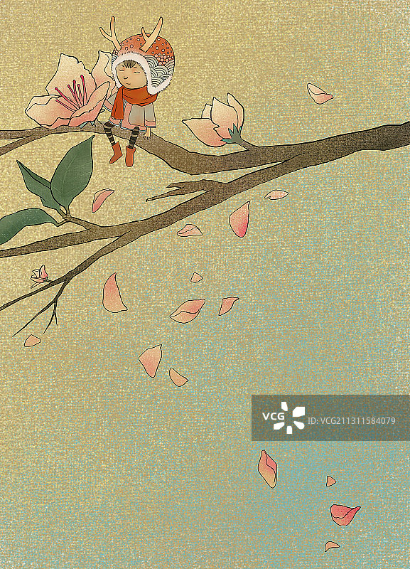 坐在桃花树枝的春天精灵插画图片素材