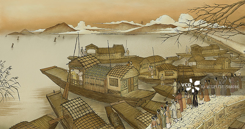 古典山水船只古桥手绘插画图片素材