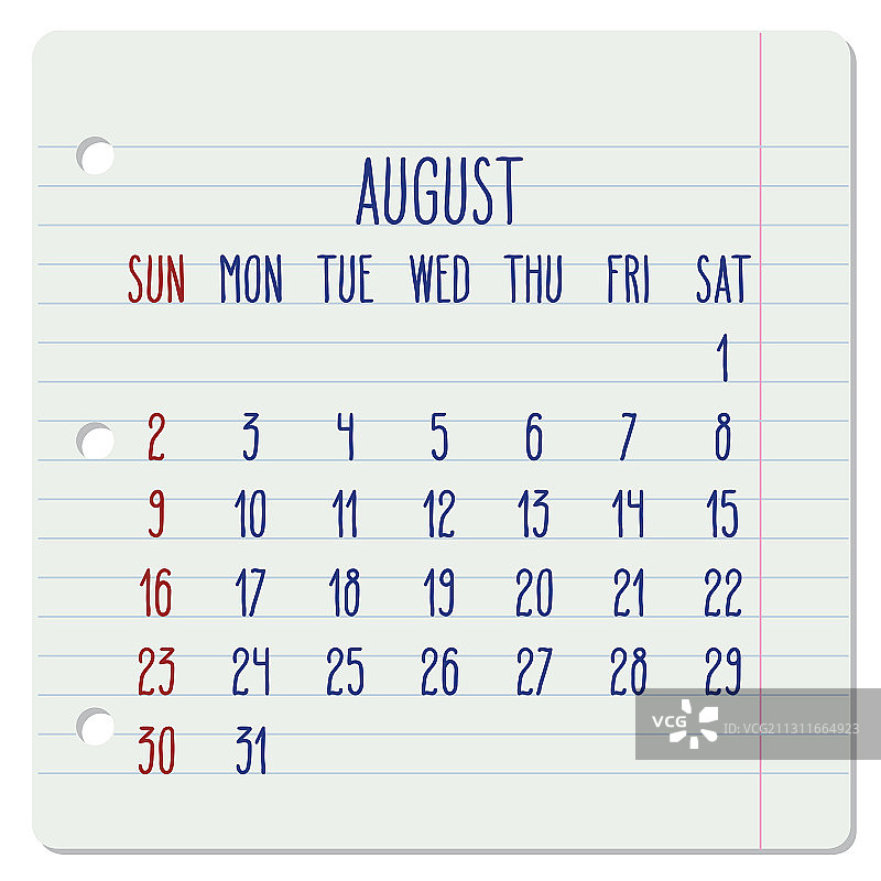2020年8月每月笔记本页日历图片素材